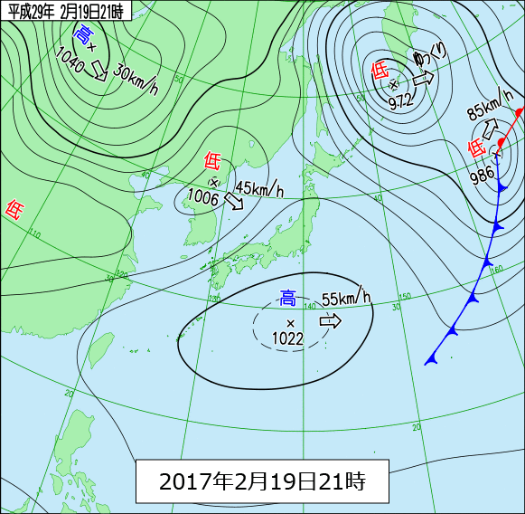 2017年2月19日21時の天気図
